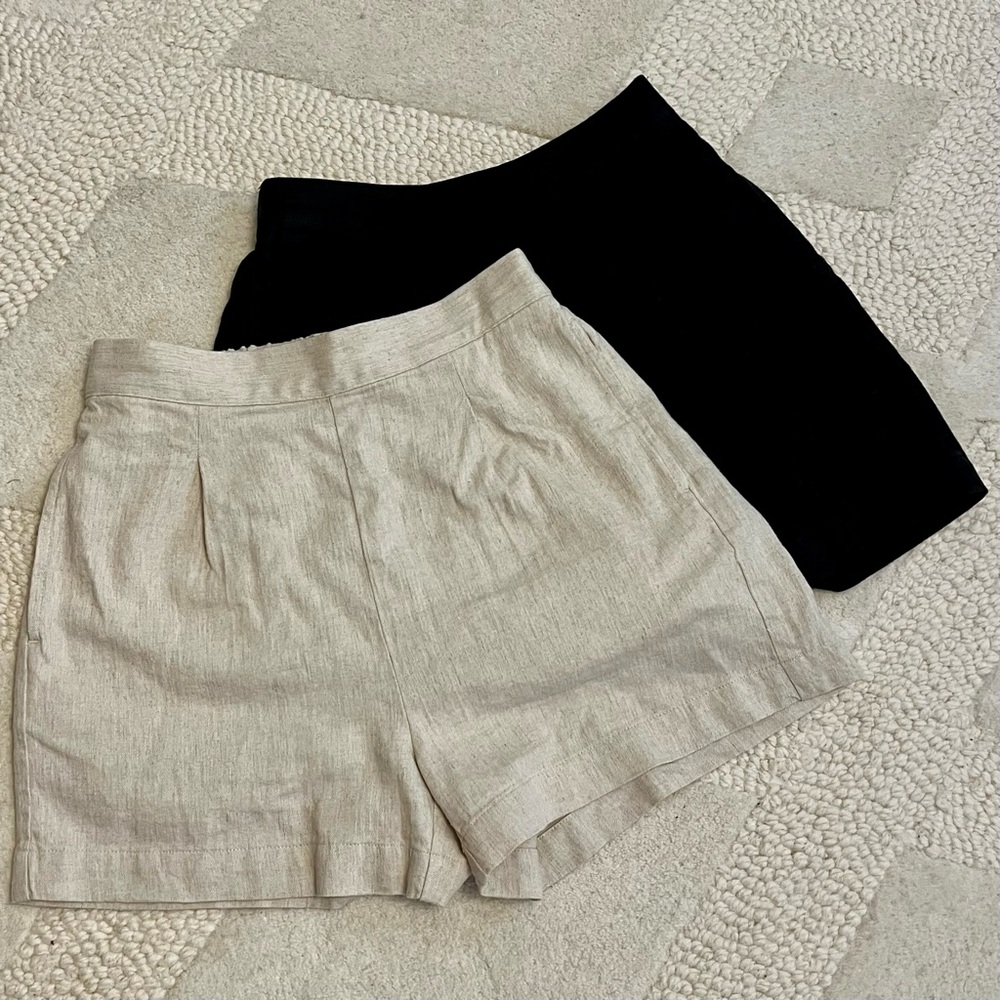 TWO PAIRS Madewell Clean Pull-On Shorts in 100% Linen XS NWOT, black and natural